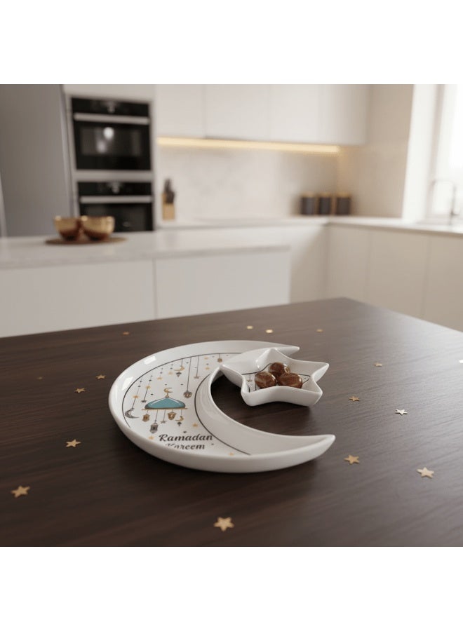 AKDC مجموعة رمضان من أكديك - طبق تقديم سيراميك أبيض بتصميم هلال ونجمة - أدوات مائدة إسلامية احتفالية، 23 سم - Image 2